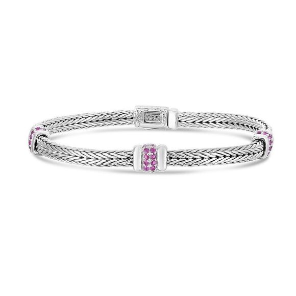 Phillip Gavriel Sterling Silver 7" Woven Three Station Bracelet with Pink Sapphi - Picture 1 of 2
